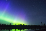 Northern lights vibrant in night sky full of stars and faint milky way