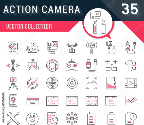 Set Vector Flat Line Icons Action Camera