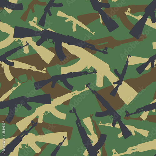 Seamless woodland assault rifle AK 47 military camouflage pattern vector