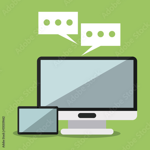 colorful background with desktop computer and tablet and dialogue speech vector illustration