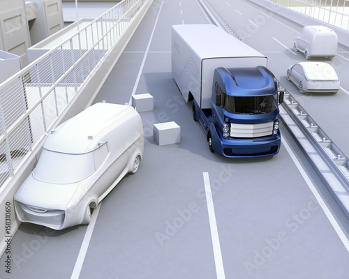 Autonomous car changing lane quickly to avoid a traffic accident. Concept for driver assistance systems. 3D rendering image.