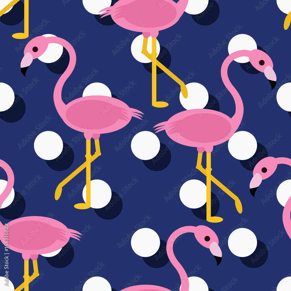 Obraz premium Seamless flamingo pattern with porcelain indigo blue and white polka dot offset background vector