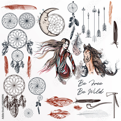 Big collection or set of hand drawn boho style elements feathers  dreamcatche...