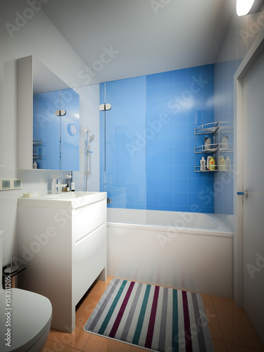 Modern Urban Contemporary Bathroom WC Interior Design with White  Orange and Blue Tiles. 3d rendering