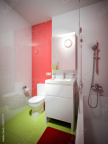 Modern Urban Contemporary Bathroom WC Interior Design with White  Red and Light green Tiles. 3d rendering