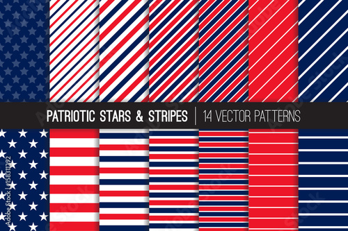 Patriotic Red White Blue Stars & Stripes Vector Patterns. July 4th Independence Day Backgrounds. Diagonal and Horizontal Striped Textures. Variable Thickness Lines. Pattern Tile Swatches Included.