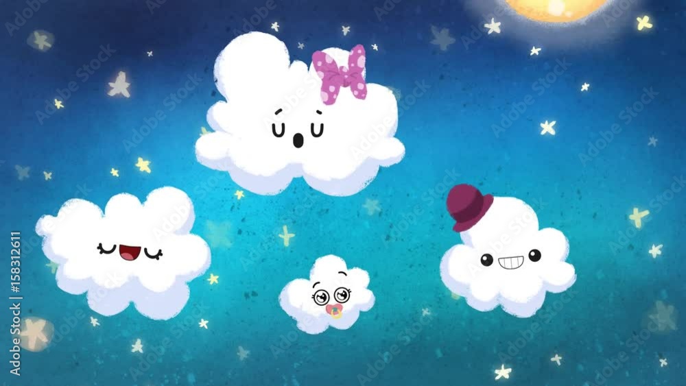 Cielo noche con nubes, estrellas y luna con ojos