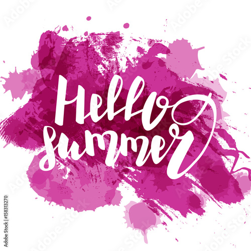 Hello summer time lettering comic text font in purple speech bubble. Party label tag advertising. Colored vector illustration isolated on white background. Cartoon juice colored fresh mood.