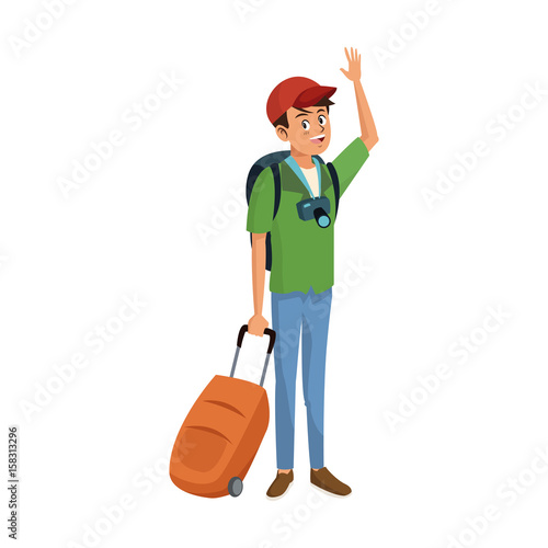 happy young man traveler standing with backpack and suitcase travel cartoon character vector Illustration