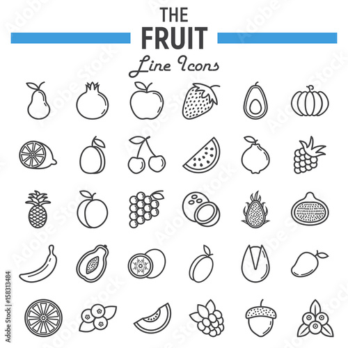 Fruit line icon set  food symbols collection  vegetarian vector sketches  logo illustrations  linear pictograms package isolated on white background  eps 10.