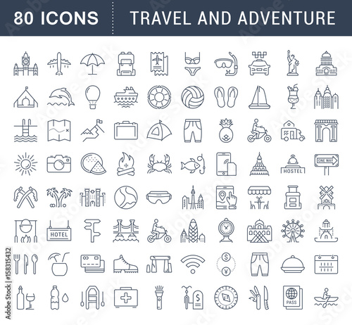 Set Vector Flat Line Icons Travel and Adventure