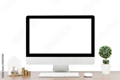 Conceptual workspace, Laptop and mouse isolated blank screen with clipping path.