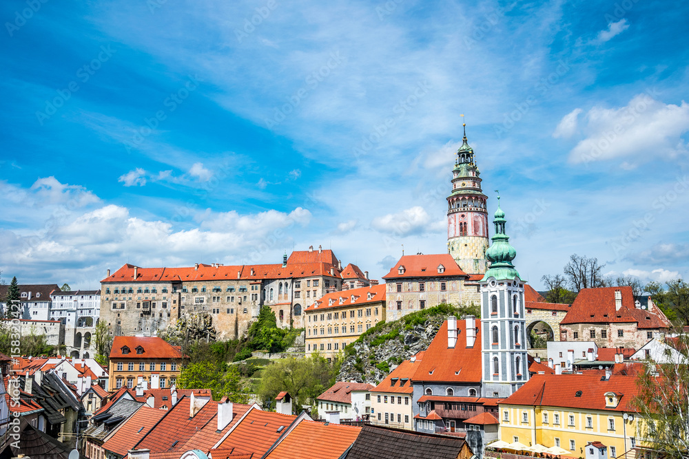 Panorama of the picturesque old European town. Medieval city of Ceske Krumlov, Czech Republic