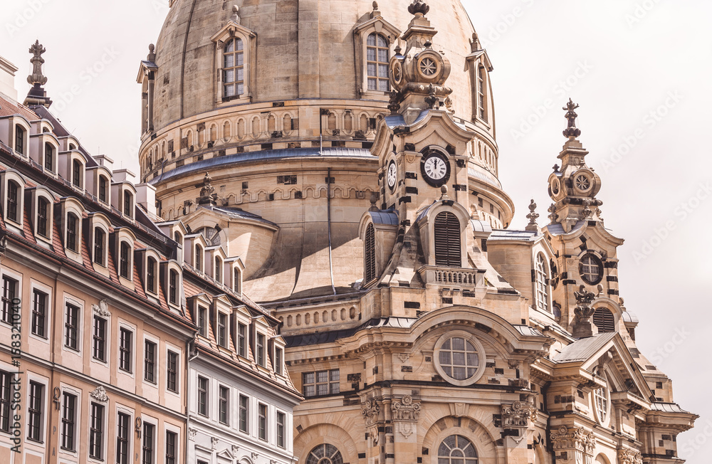 journey through ancient Europe. Sightseeings of Germany. Gothic ancient church of Frauenkirche in Dresden