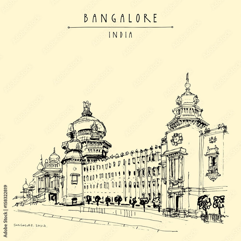 Bangalore (Bengaluru), Karnataka, India. Building in Neo-Dravidian style. Vintage hand drawn postcard