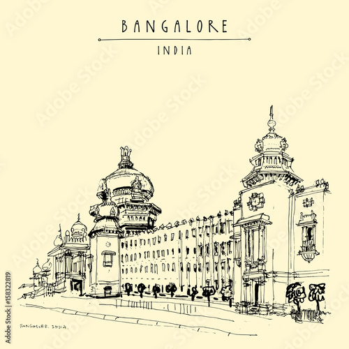 Bangalore (Bengaluru), Karnataka, India. Building in Neo-Dravidian style. Vintage hand drawn postcard photo