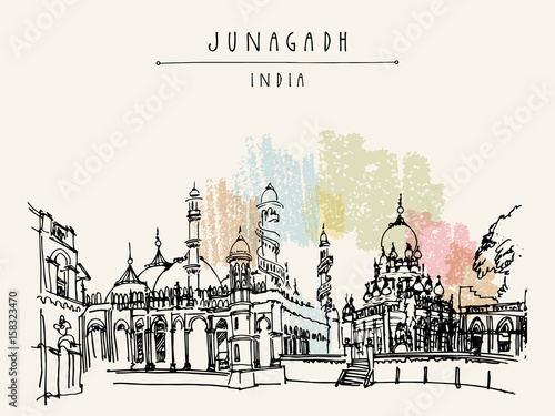 Mahabat Maqbara mausoleum and Jammi mosque in Junagadh, Gujarat, India. Hand drawn travel vintage artistic postcard photo