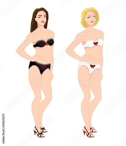 vector illustration of blonde and brunette girls in lace underwear on white background