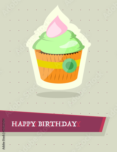 Cute birthday greeting card illustration with cupcake and polka dots on background 