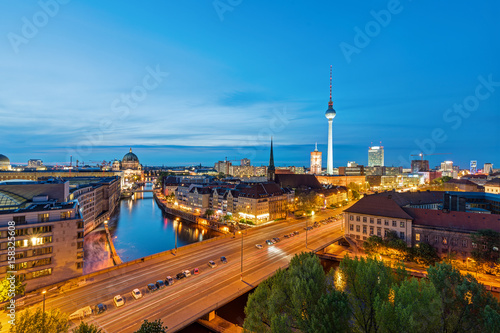 The skyline of Berlin with the Television Tower at dusk