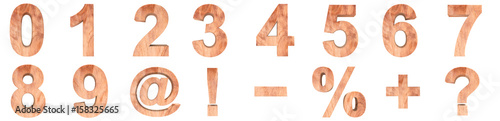 3D illustration set of wooden numbers and math symbols. rendering illustration. Isolated on white background