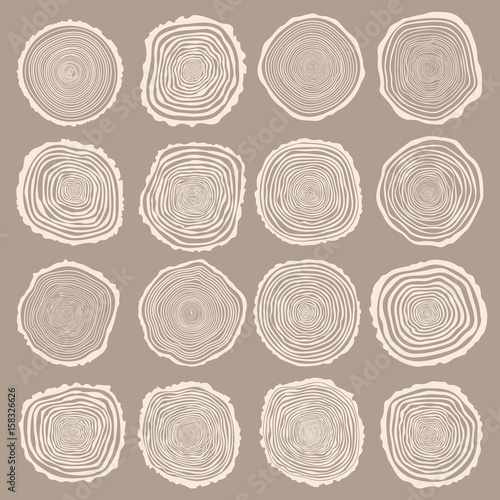 Collection of vector tree rings background and saw cut tree trunk. Conceptual graphics.