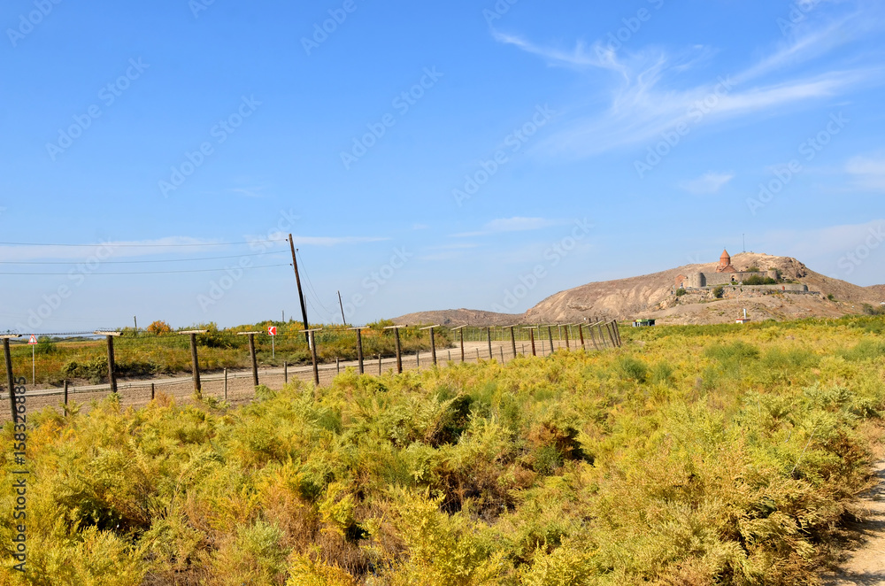The border area between Armenia and Turkey next to the monastery of Khor Virap
