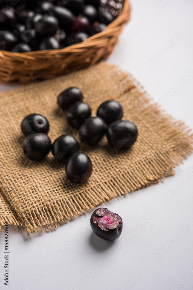 Jambolan plum or jambhul or jamun fruit, Java plum (Syzygium cumini ...
