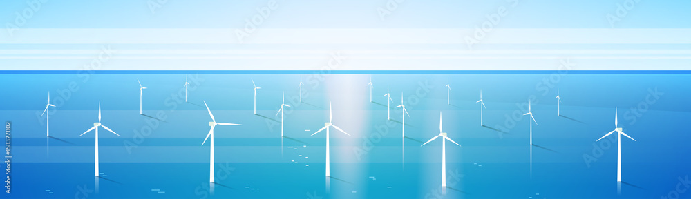 Wind Turbine Energy Renewable Water Station Sea Background Flat Vector ...