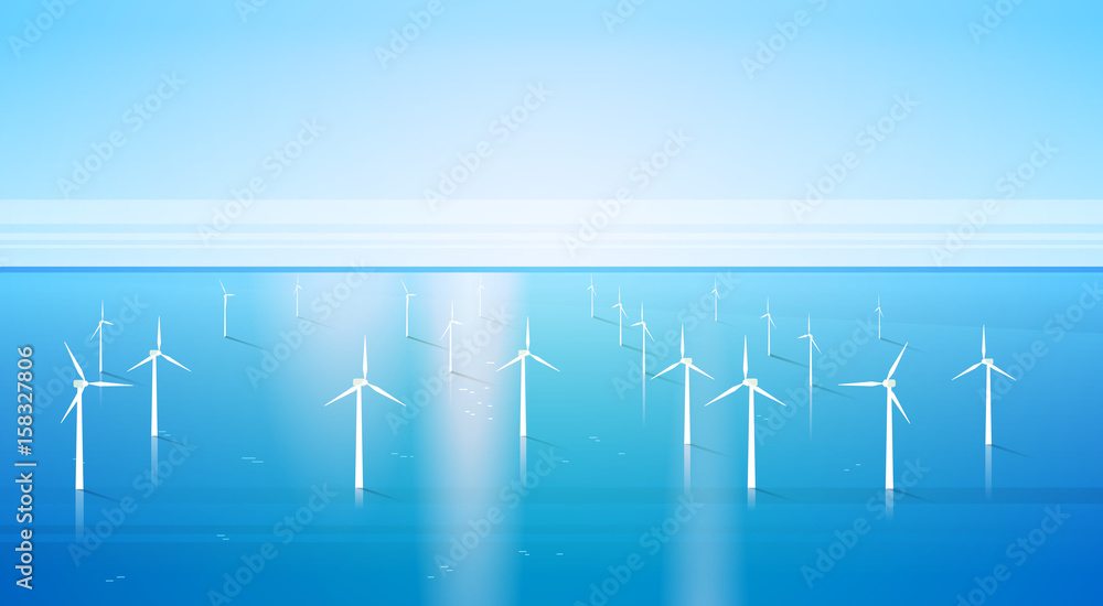 Wind Turbine Energy Renewable Water Station Sea Background Flat Vector ...