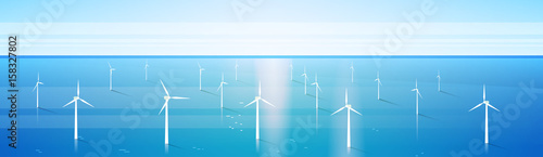 Wind Turbine Energy Renewable Water Station Sea Background Flat Vector Illustration