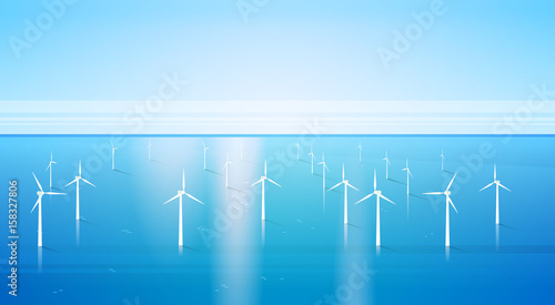 Wind Turbine Energy Renewable Water Station Sea Background Flat Vector Illustration