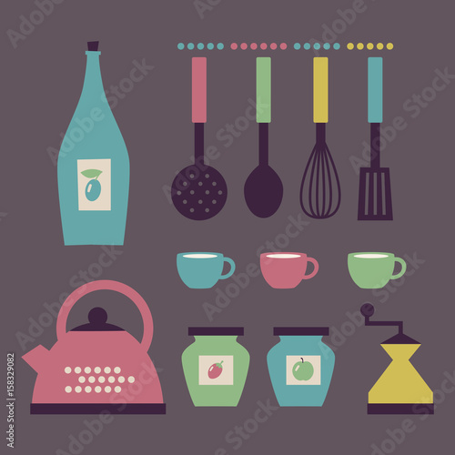 Set of kitchen accessories in retro style. Vector illustration.