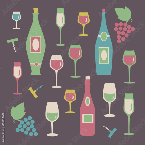 Set of colorful wine glasses and bottles.  Vector illustration.