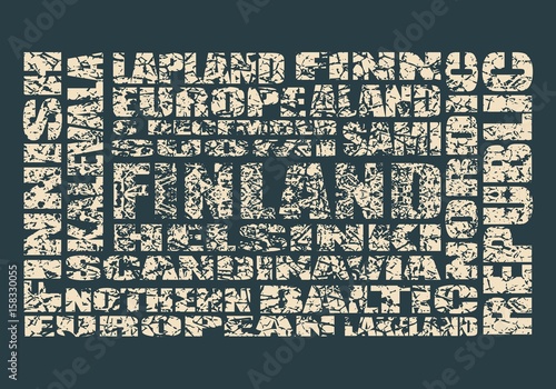 Finland theme relative words cloud. Multi color tags on blue background. Grunge cracked texture