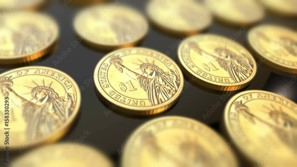 Shiny dollar coins in blurred animated camera view Shiny dollar coins in blurred animated camera view