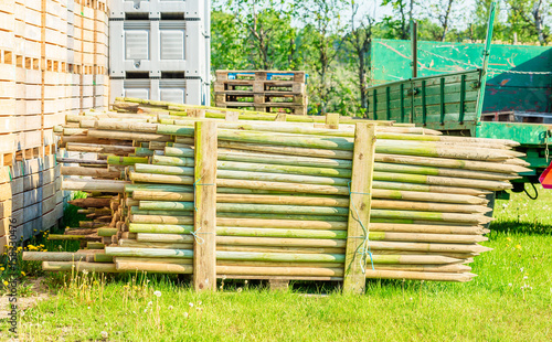 Konstfotografi Stack of impregnated wooden fence posts on a pallet