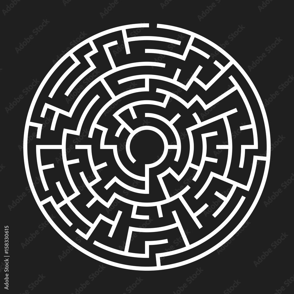 Circle Maze. Labyrinth with Entry and Exit. Find the Way Out Concept. Vector Illustration. Circle Maze. Labyrinth with Entry and Exit. Find the Way Out Concept. Vector Illustration.