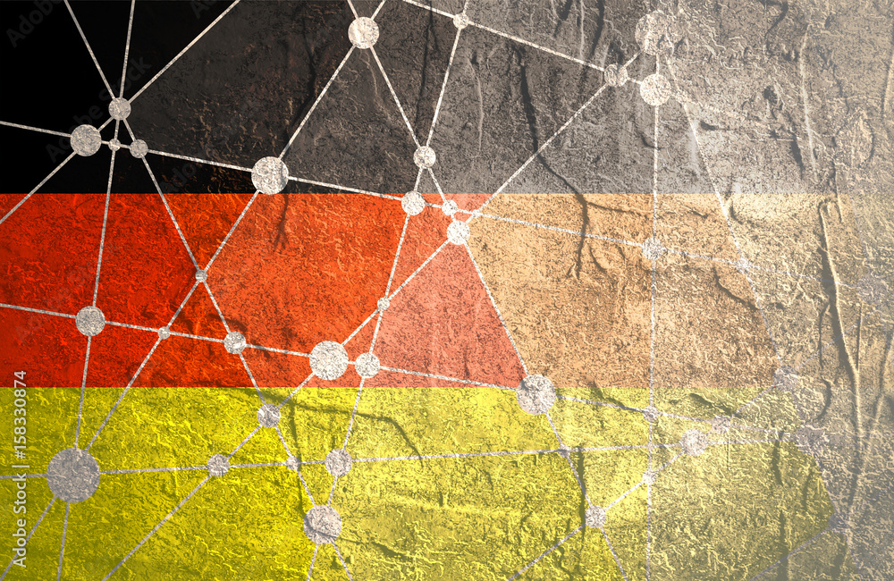 Flag of the Germany. Low poly concept triangular style. Molecule And Communication Background. Connected lines with dots. Concrete grunge texture.