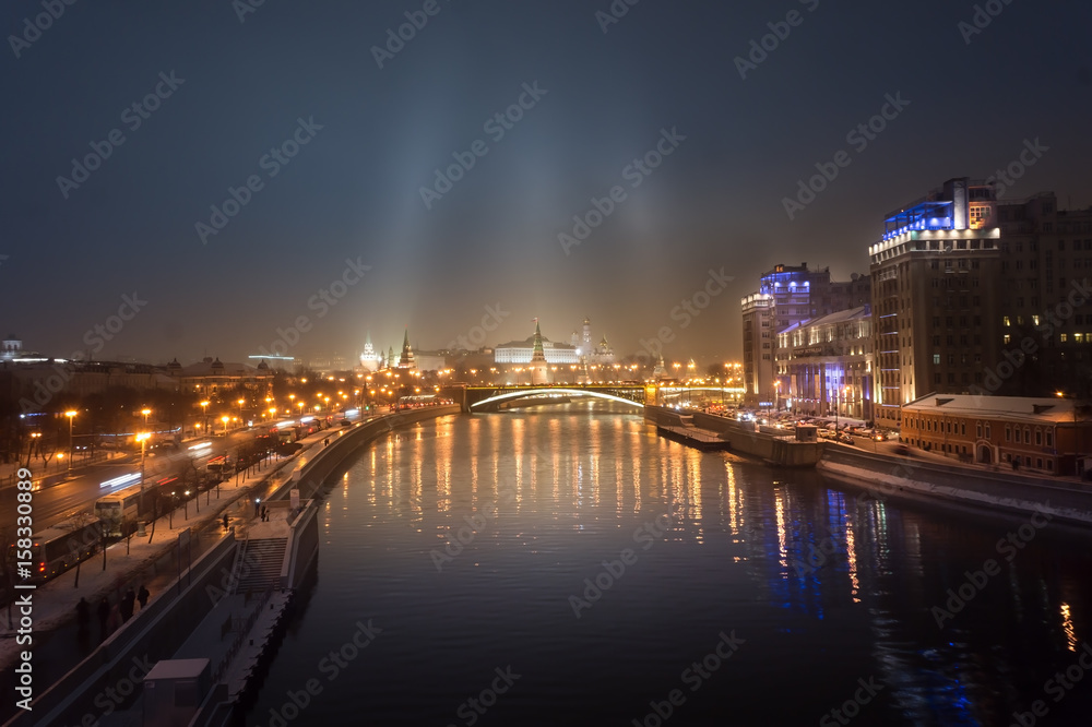 Night view on Moscow Kremlin, Moscow river, embankment and car traffic lights from Patriarchal bridge, Moscow is beautiful at night