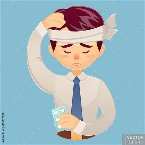Vector - cartoon character of businessman headache and confusing portrait of young office worker touching his head suffering a terrible and painful head ache