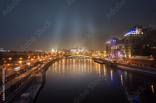 Night view on Moscow Kremlin  Moscow river  embankment and car traffic lights from Patriarchal bridge  Moscow is beautiful at night