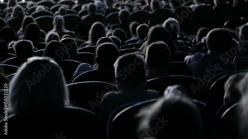 Spectators watch the show or view in the theater. Video from the back. Children and adults alike