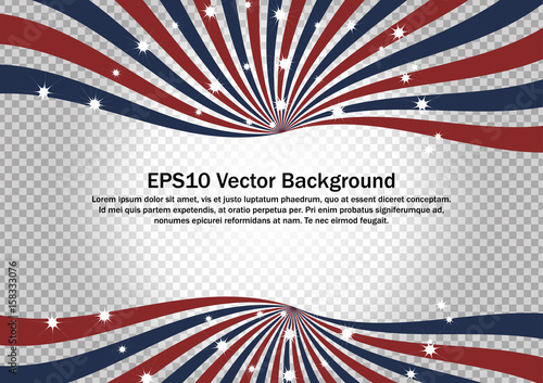 Red, Blue and White Radial Swirl with sparkling star vector background. Flag Sunburst on gradient transparent background for backdrop, banner or advertisement.