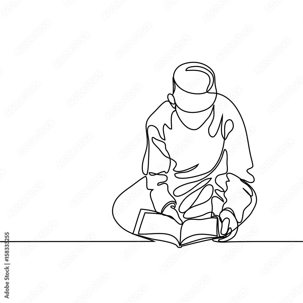 Boy in fez reading Koran. Continuous line drawing vector illustration