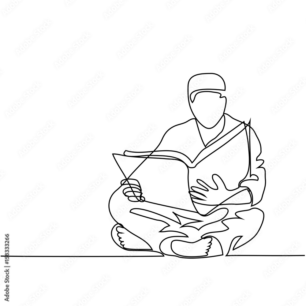 Man in fez reading Koran. Continuous line drawing vector illustration