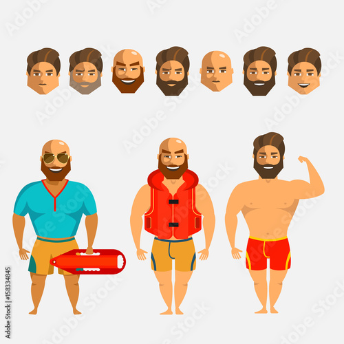 Rescuers on the beach. Man character creation set. Icons with different types of faces, hair mustaches and beards  style, emotions, male person.