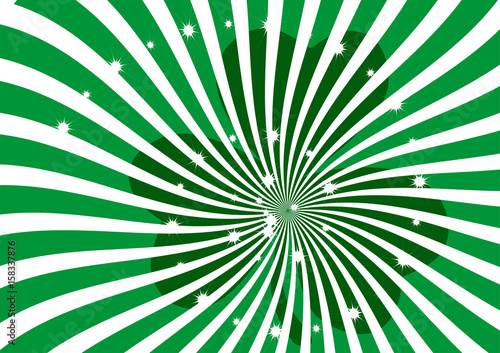 Green and White Sunburst vector background. Swirl strips with sparkling stars clipart, wallpaper, banner and backdrop. Saint Patrick's Day Green Clover Clip art.