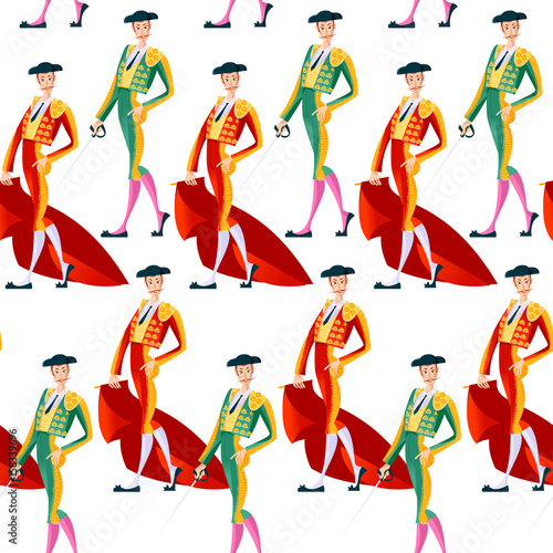 Matadors with cape and sword. Corrida de toros. Bullfighting. Seamless background pattern. 