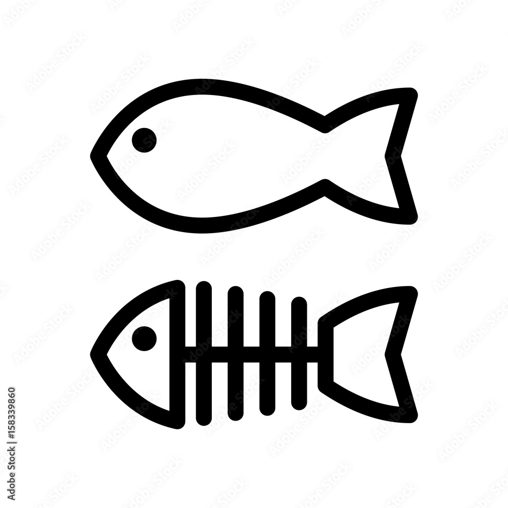 Fish and skeleton simple vector icon. Black and white illustration